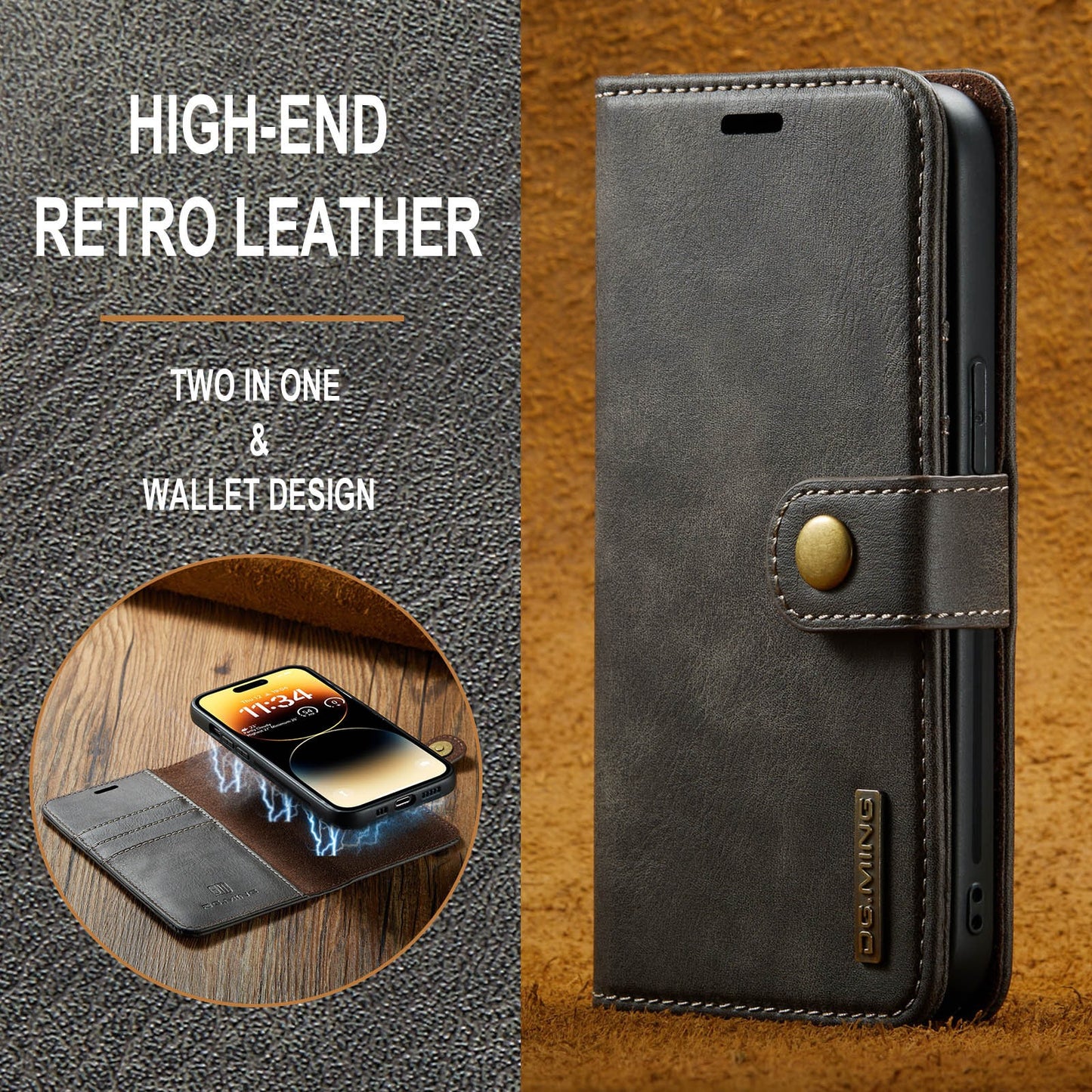 DG Ming Cowhide Magnet Clamshell Split Phone Leather Case