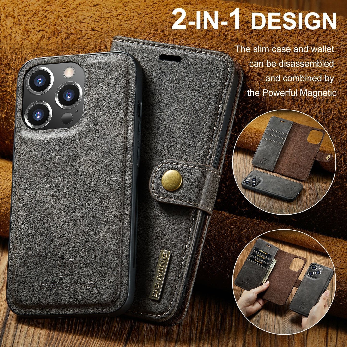 DG Ming Cowhide Magnet Clamshell Split Phone Leather Case