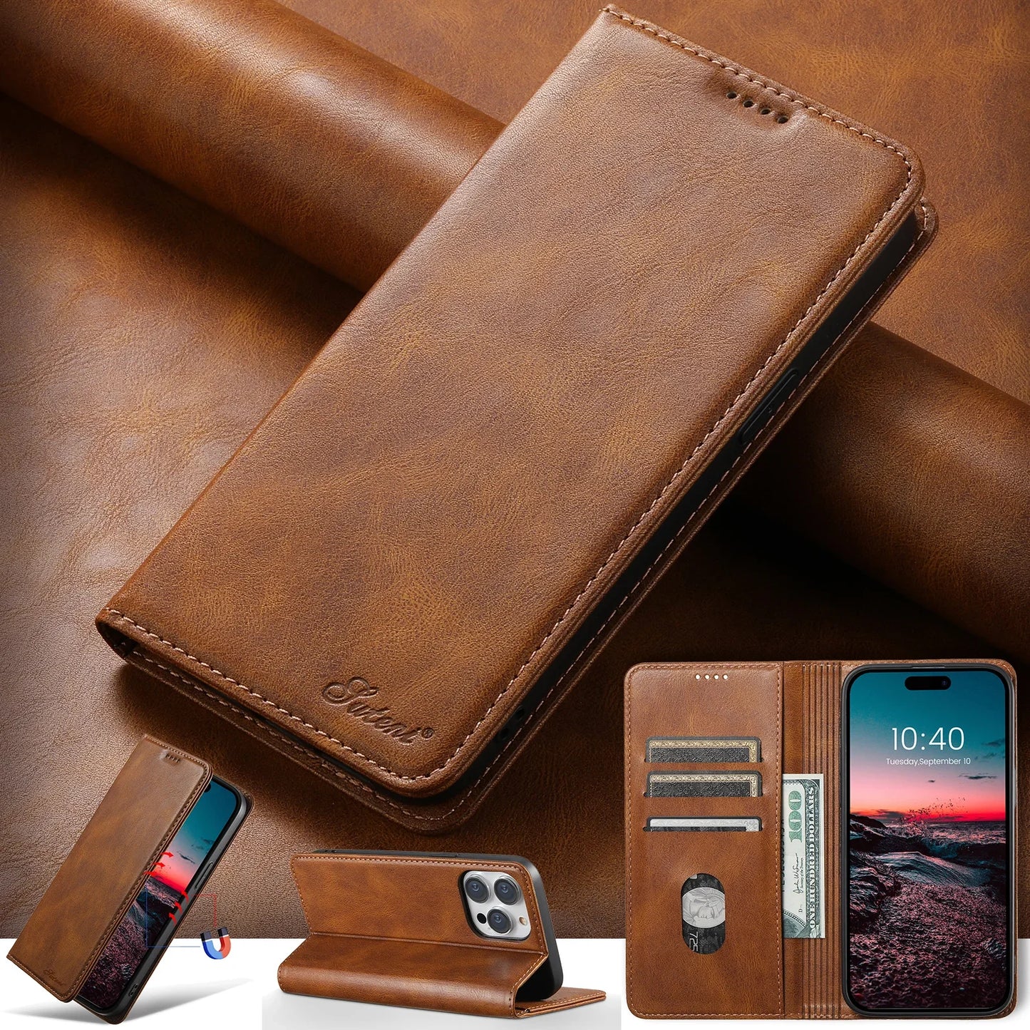 Suteni Leather Wallet Flip Cover Mobile Phone Case Card Holder for iPhone