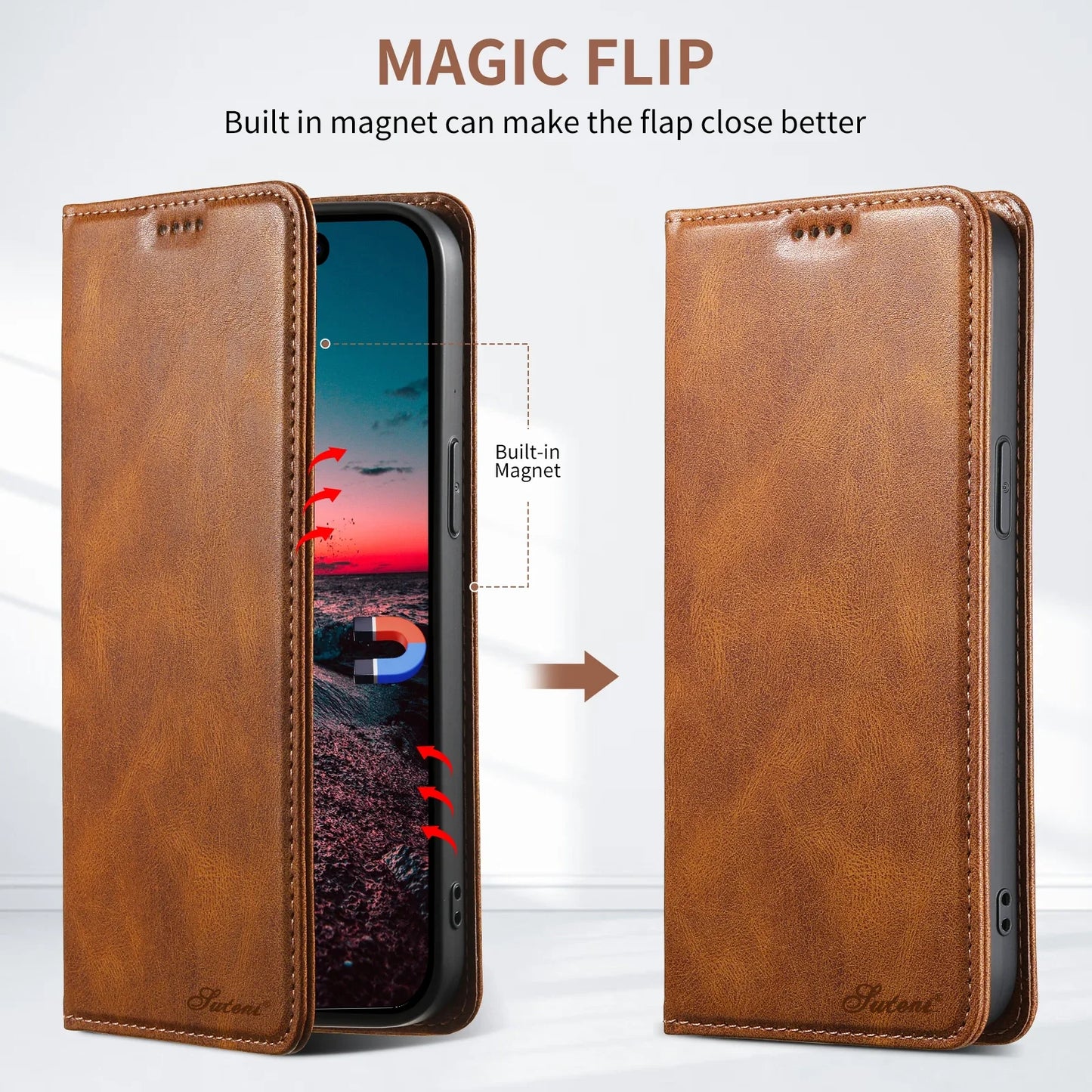 Suteni Leather Wallet Flip Cover Mobile Phone Case Card Holder for iPhone