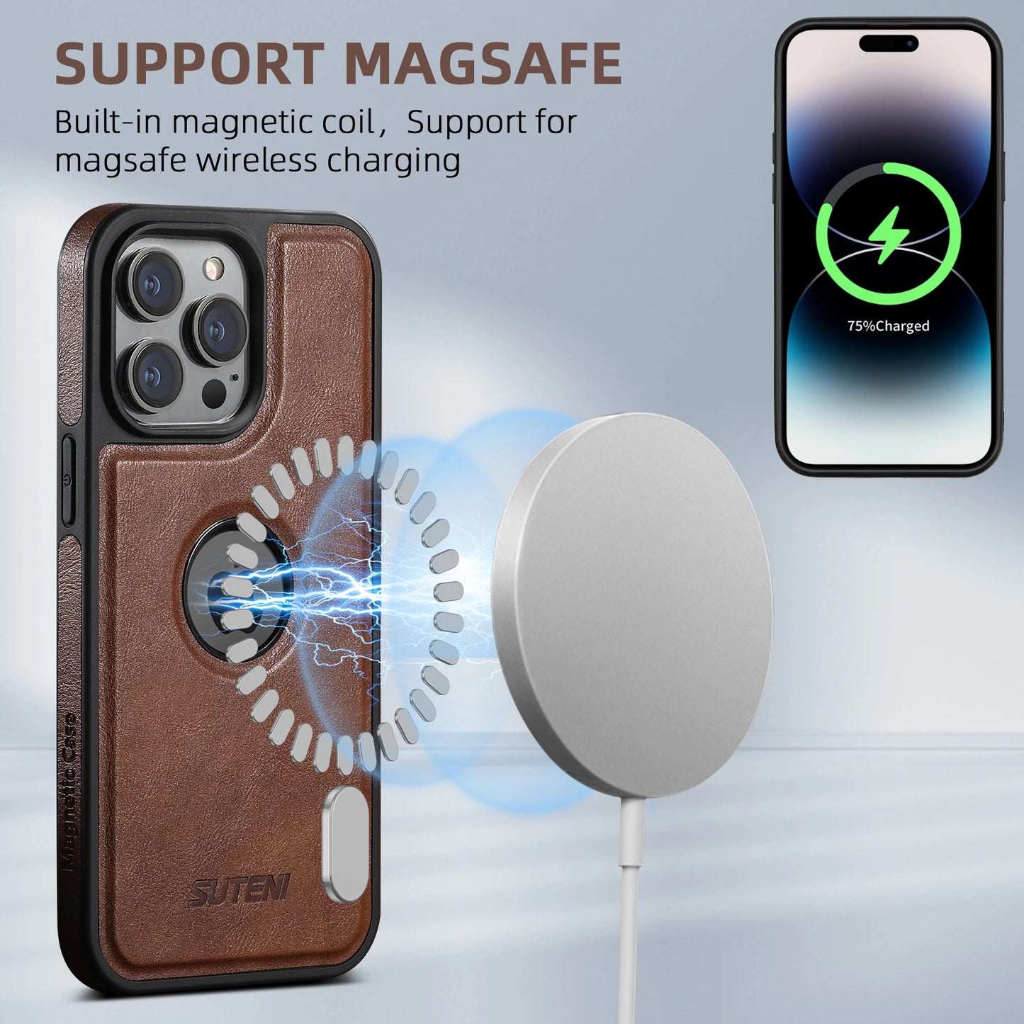 Suteni Luxury PU Leather Magsafe Magnetic Wireless Charging Case for iPhone