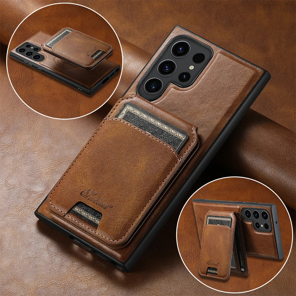 Suteni Magnetic Card Slot Leather Wallet Phone Case for Samsung Galaxy