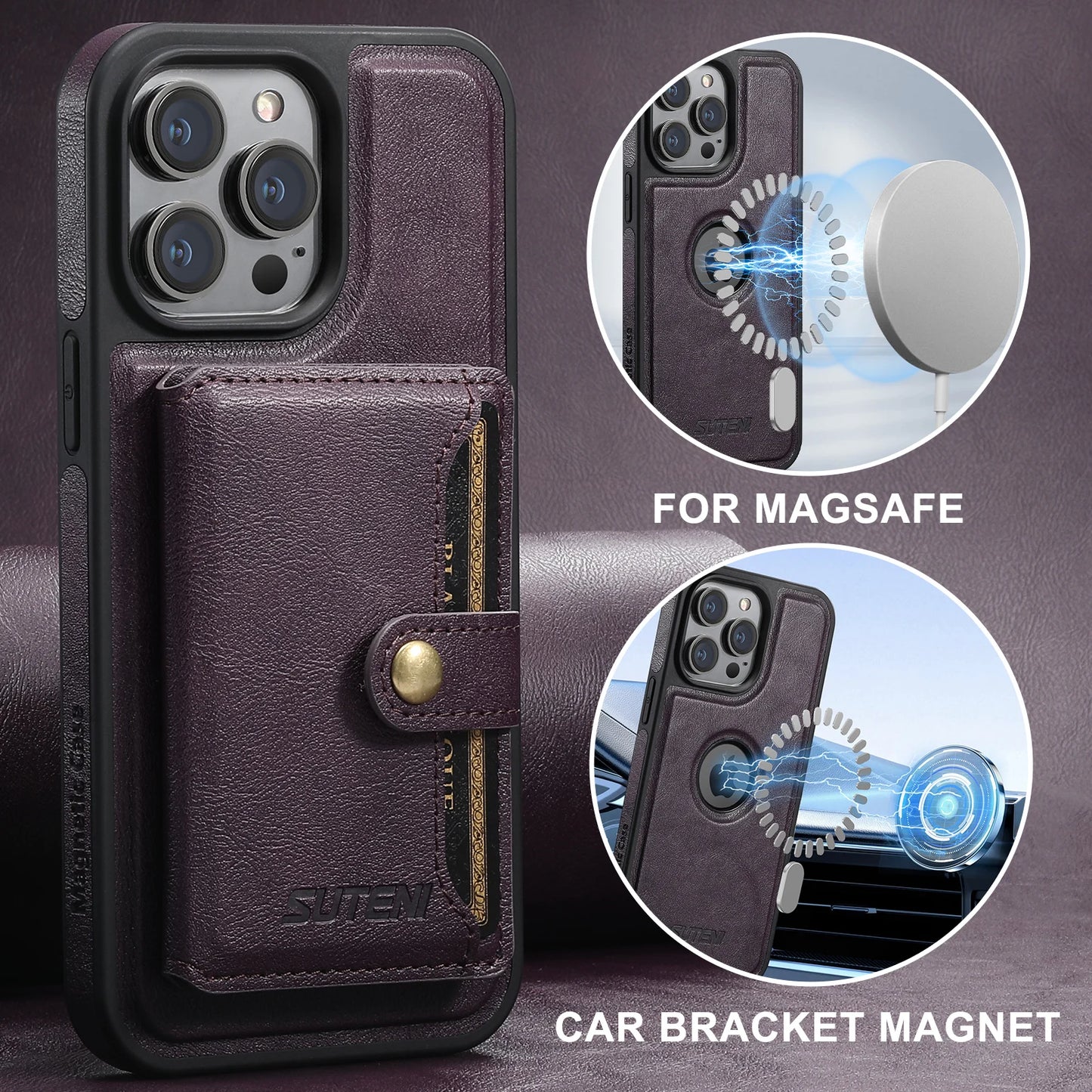 SUTENI Phone Case Card Holder Leather Magnetic Pocket Cover Wallet For iPhone 12 13 14 15 Pro Max Plus Ultra Magsafe